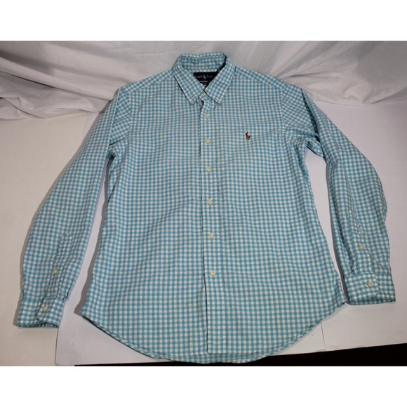 Ralph Lauren Classic Fit Blue Gingham Plaid Men's M Button-Down Shirt Flesh Pony - Picture 1 of 11